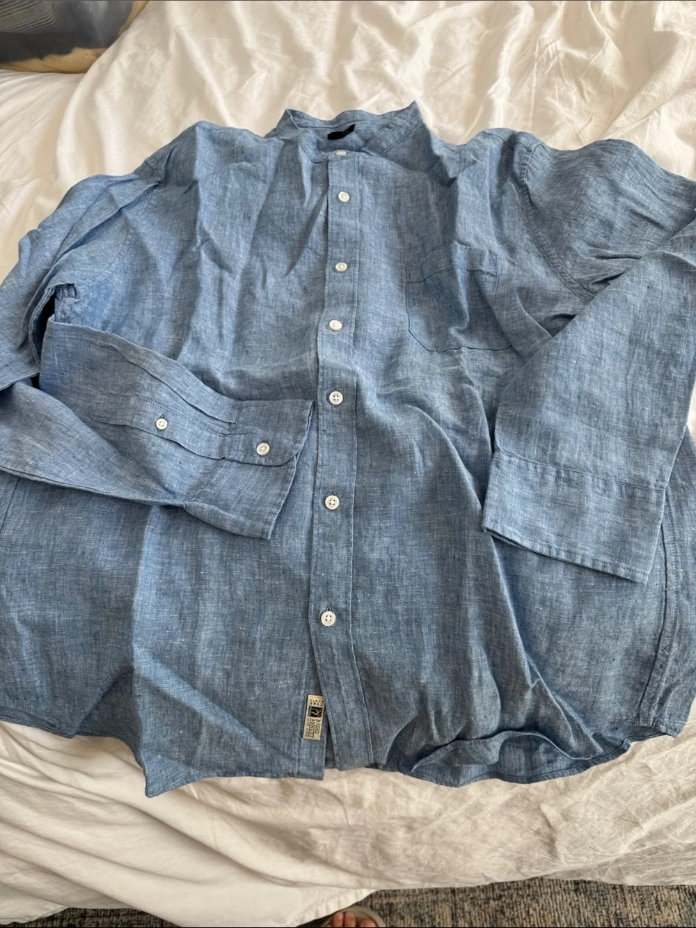 Men's Blue Long-Sleeve Button-Down Shirt banded collar linen shirt